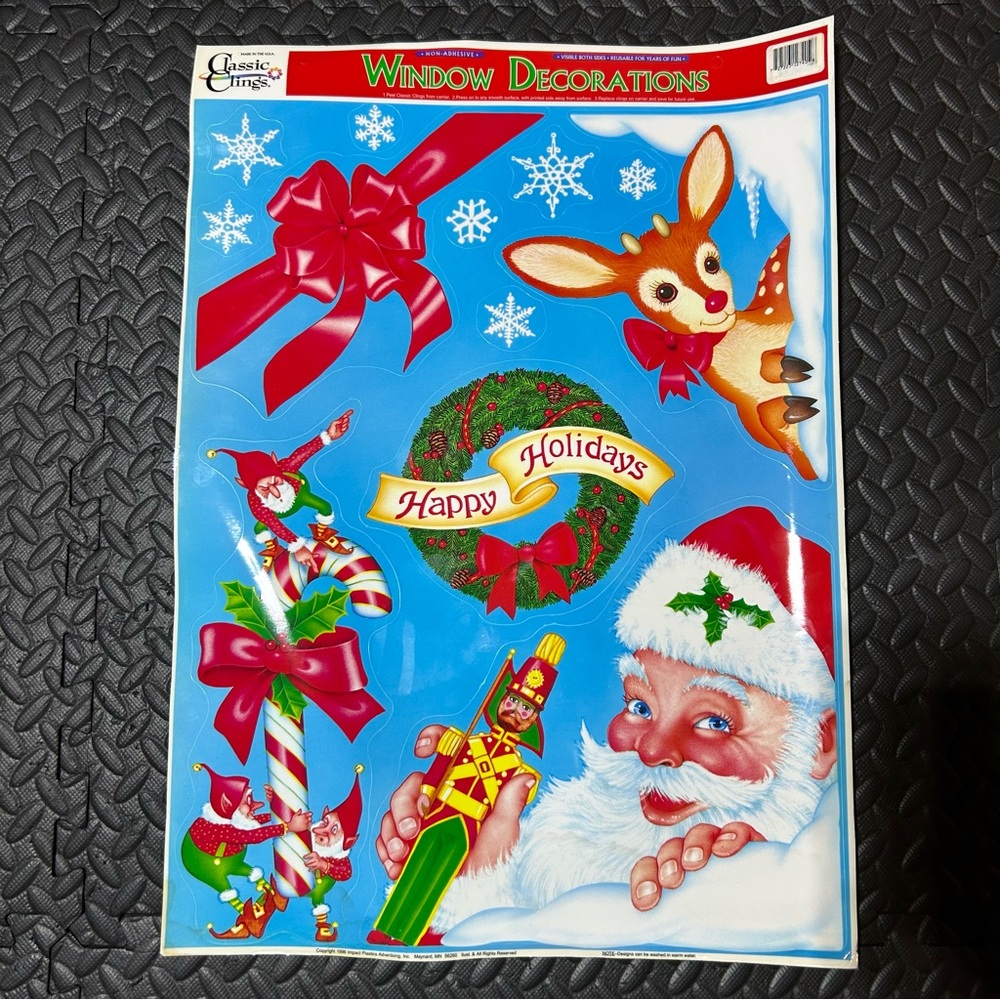 Vintage Christmas Window Cling Decor Santa Claus Reindeer Candy Canes 90s NEW